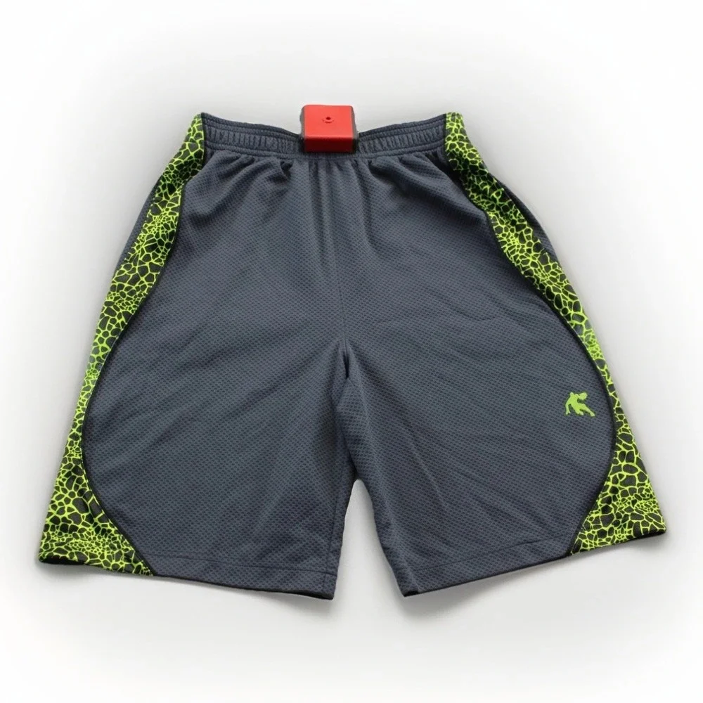AND1 Boys Athletic Basketball Shorts Size L (10/12) Gray Neon Green Trim